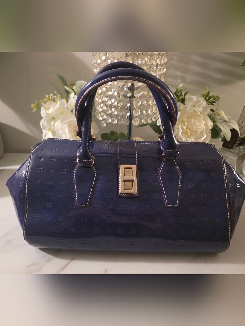 Arcadia Deep Purple Patent Satchel with Gold Accent Hardware